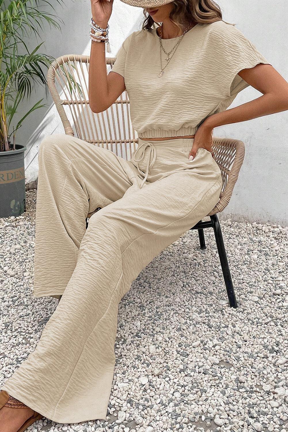 Beige Crinkled Elastic Hem Crop Tee and Wide Leg Pants Set - L & M Kee, LLC