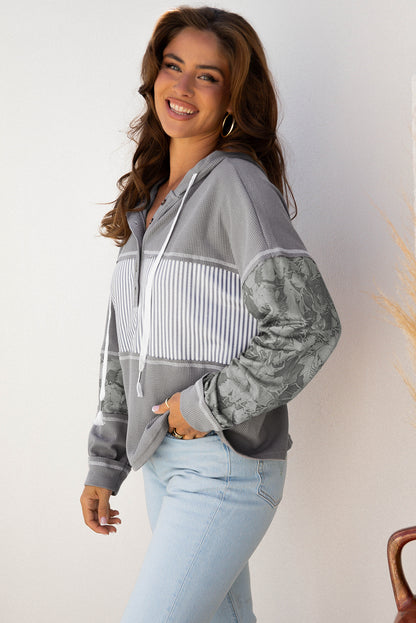 Gray Waffle Printed Patchwork Drawstring Hooded Long Sleeve Top