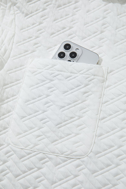 White Textured Pocketed Collared V Neck Pullover Sweatshirt