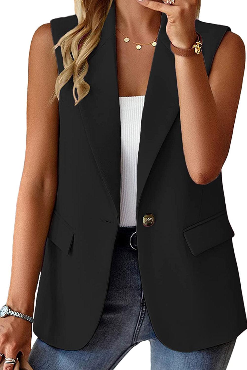 Black Single Button Pocketed Lapel Vest Blazer - L & M Kee, LLC