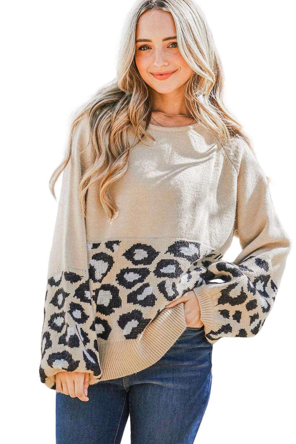 Khaki Leopard Patchwork Knitted Puff Sleeve Sweater - L & M Kee, LLC