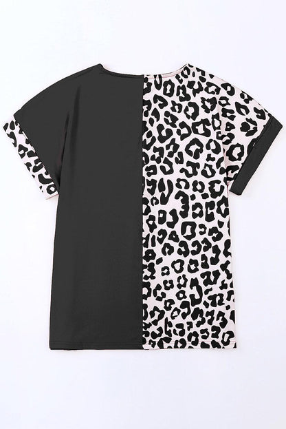 Black Half Leopard Patchwork Plus Size T-shirt - L & M Kee, LLC