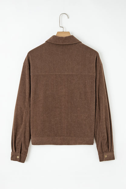 Dark Khaki Button Zip Up Lapel Collar Corduroy Jacket