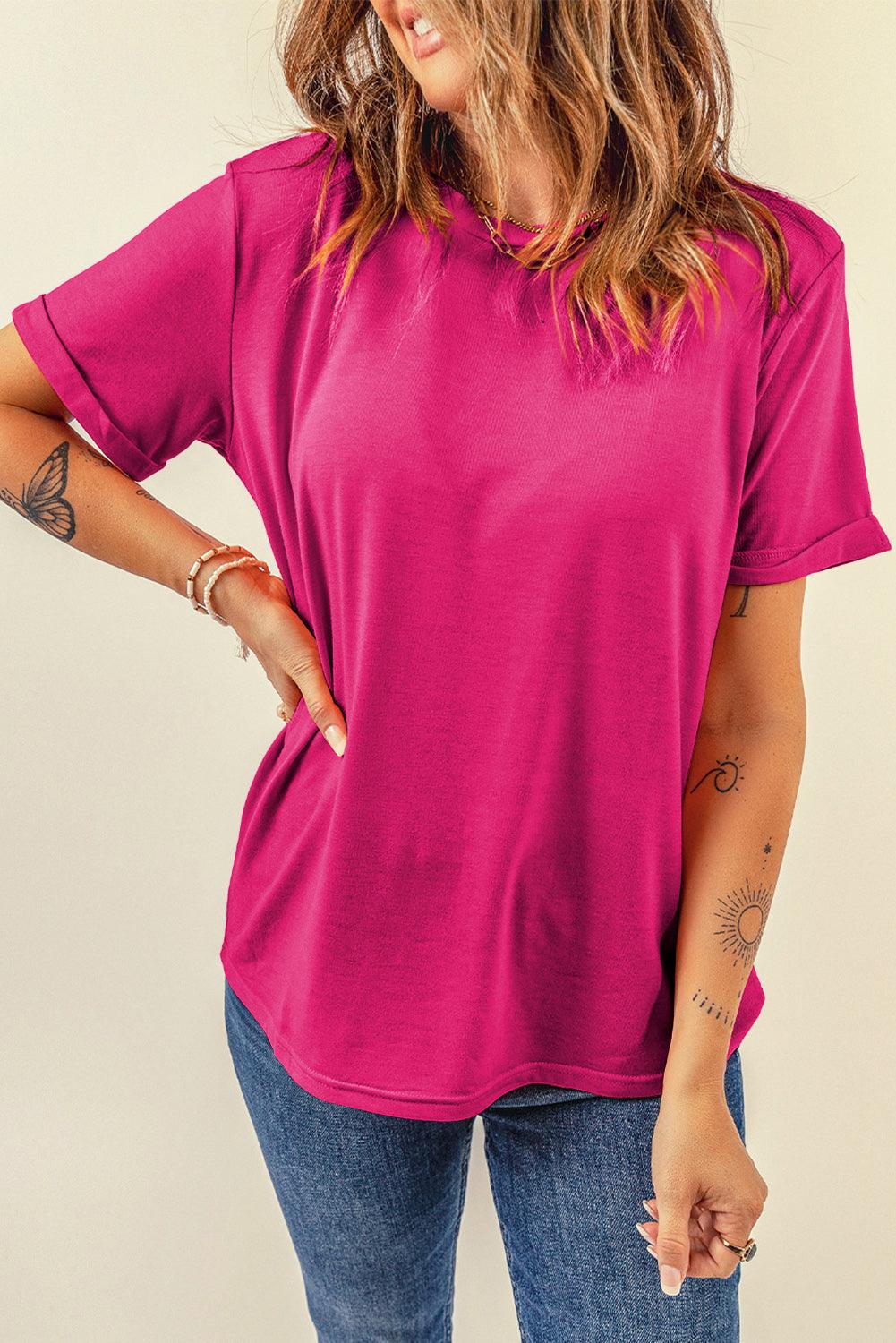 Rose Red Casual Plain Crew Neck Tee - L & M Kee, LLC