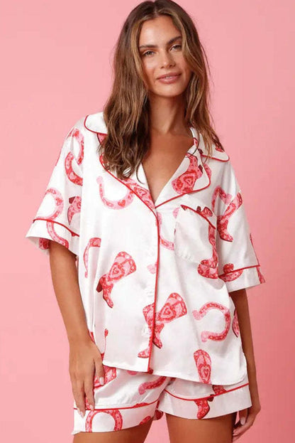 White Full Pattern Shirt and Shorts Satin Pajama Set - L & M Kee, LLC