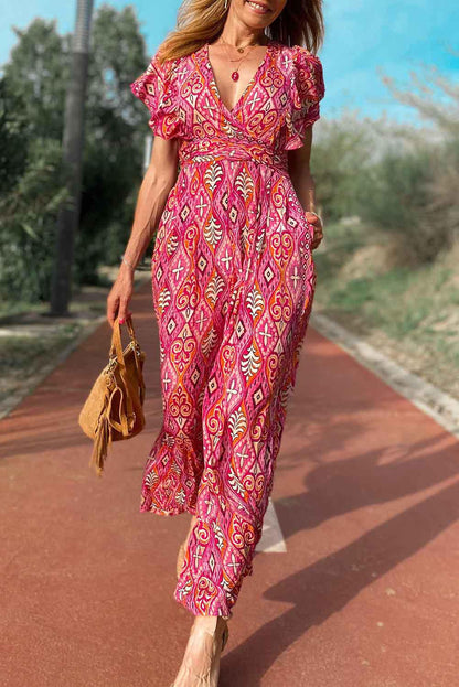 Printed V Neck Button Open Back Wide Leg Jumpsuit - L & M Kee, LLC