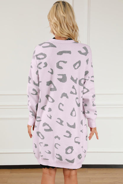 Pink Leopard Pocketed Open Front Long Cardigan - L & M Kee, LLC