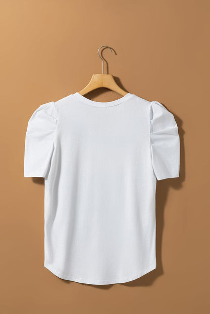 White LOVE Shutterstock Graphic Puff Sleeve V Neck Tee - L & M Kee, LLC