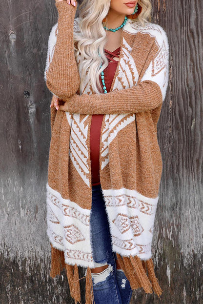 Western Furry Knit Tassel Hem Cardigan - L & M Kee, LLC