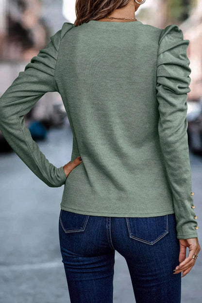 Green Buttoned Puff Long Sleeve Sheath Top - L & M Kee, LLC