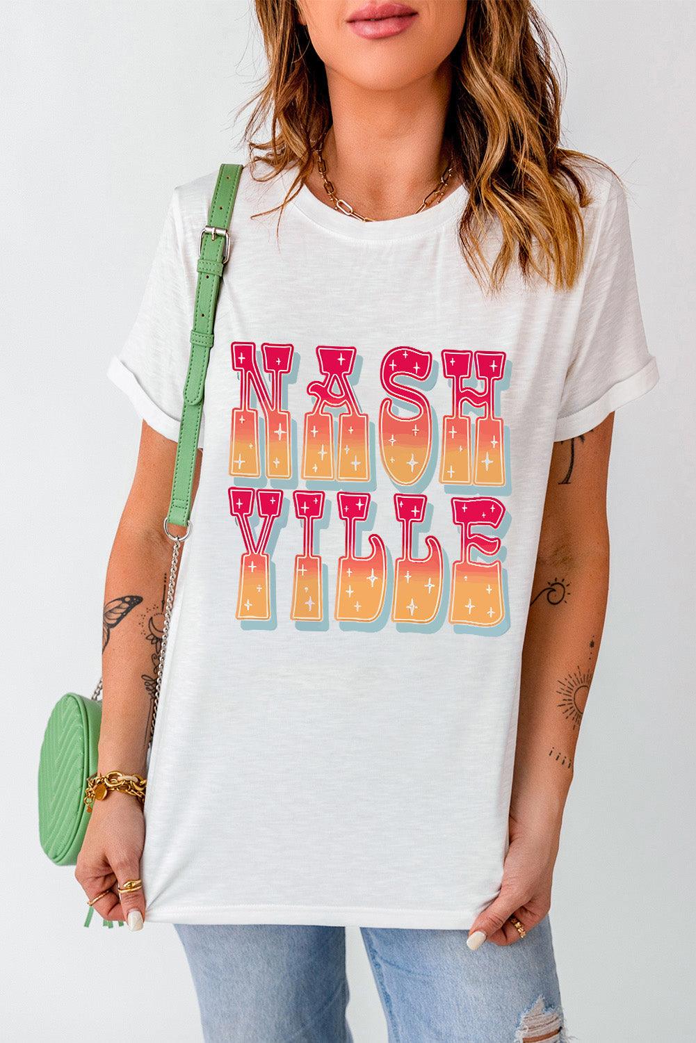 White NASHVILLE Starry Print Crew Neck Oversized T Shirt - L & M Kee, LLC