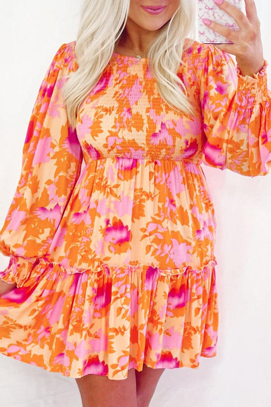 Orange Abstract Print Smocked Lantern Sleeve Ruffle Mini Dress - L & M Kee, LLC