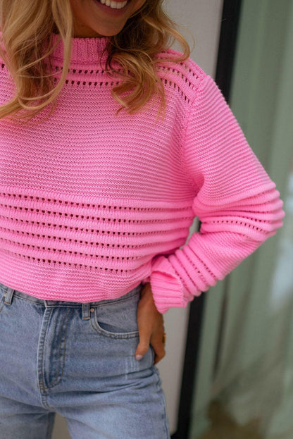 Pink Solid Color Cable Knit Eyelets Mock Neck Sweater - L & M Kee, LLC