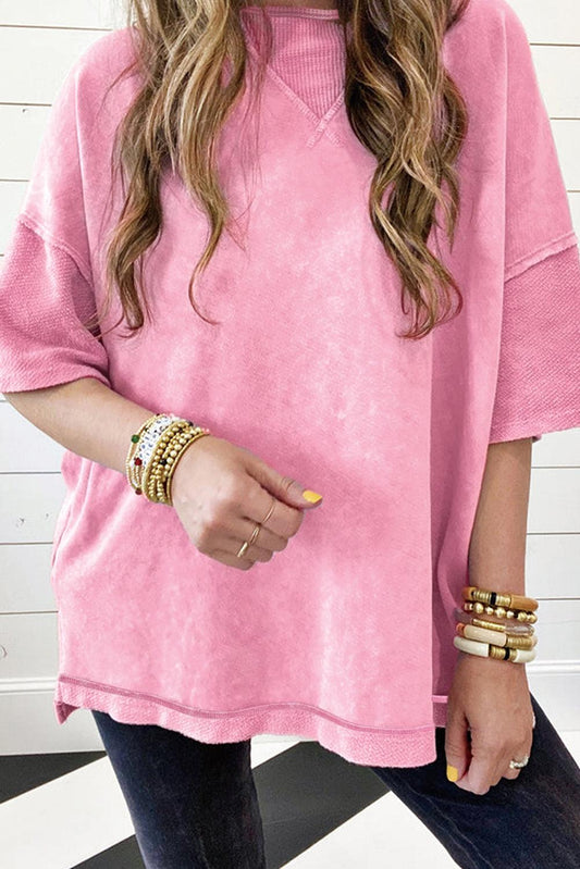 Strawberry Pink Mineral Wash Exposed Seam Drop Shoulder Oversized Tee - L & M Kee, LLC