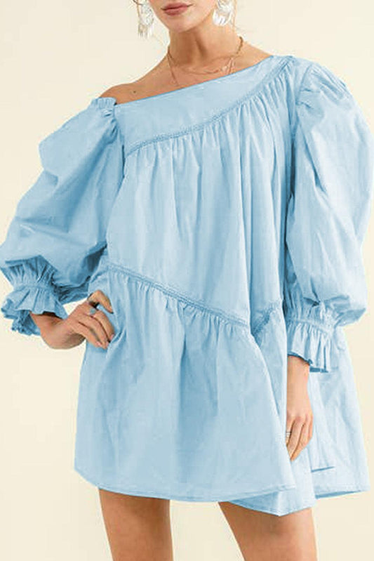 Sky Blue Exquisite Trim Puff Sleeve Asymmetric Swing Mini Dress - L & M Kee, LLC