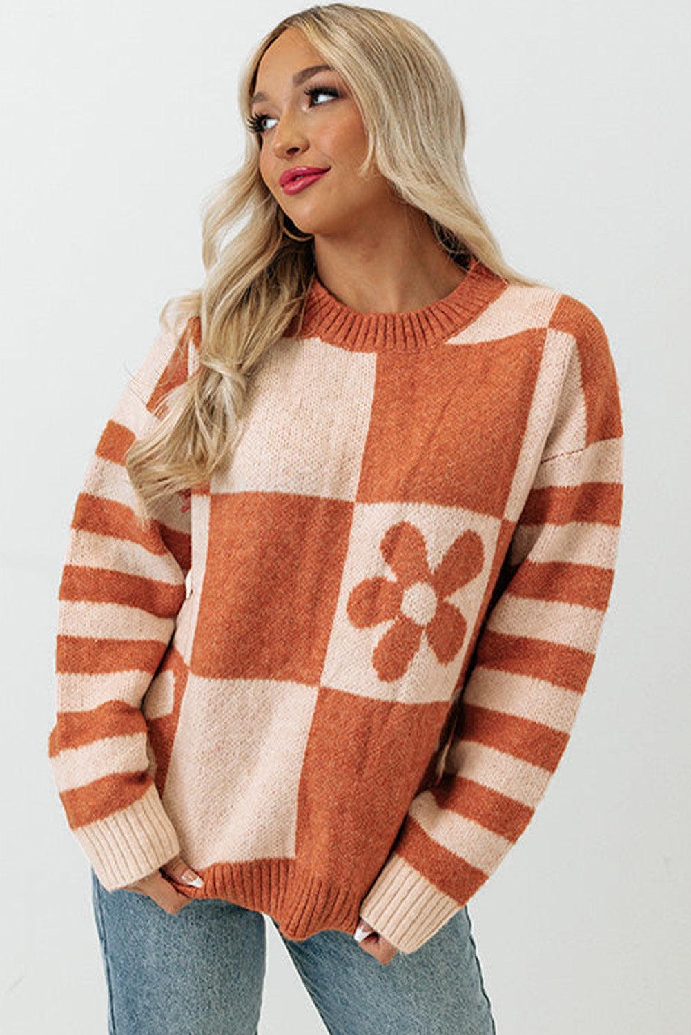 Brown Checkered Floral Print Striped Sleeve Sweater - L & M Kee, LLC