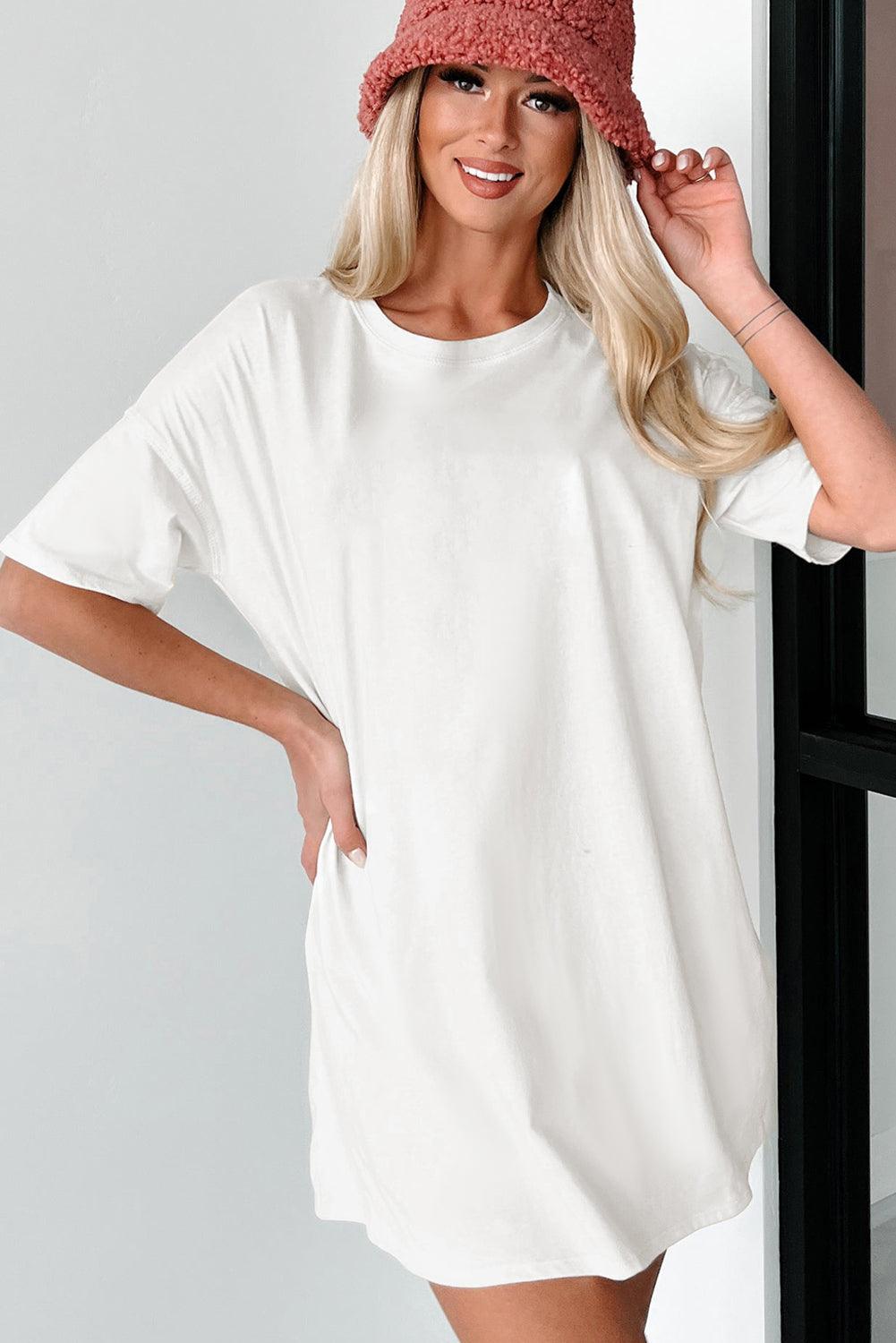 White Solid Color Round Neck Basic Tunic T Shirt - L & M Kee, LLC