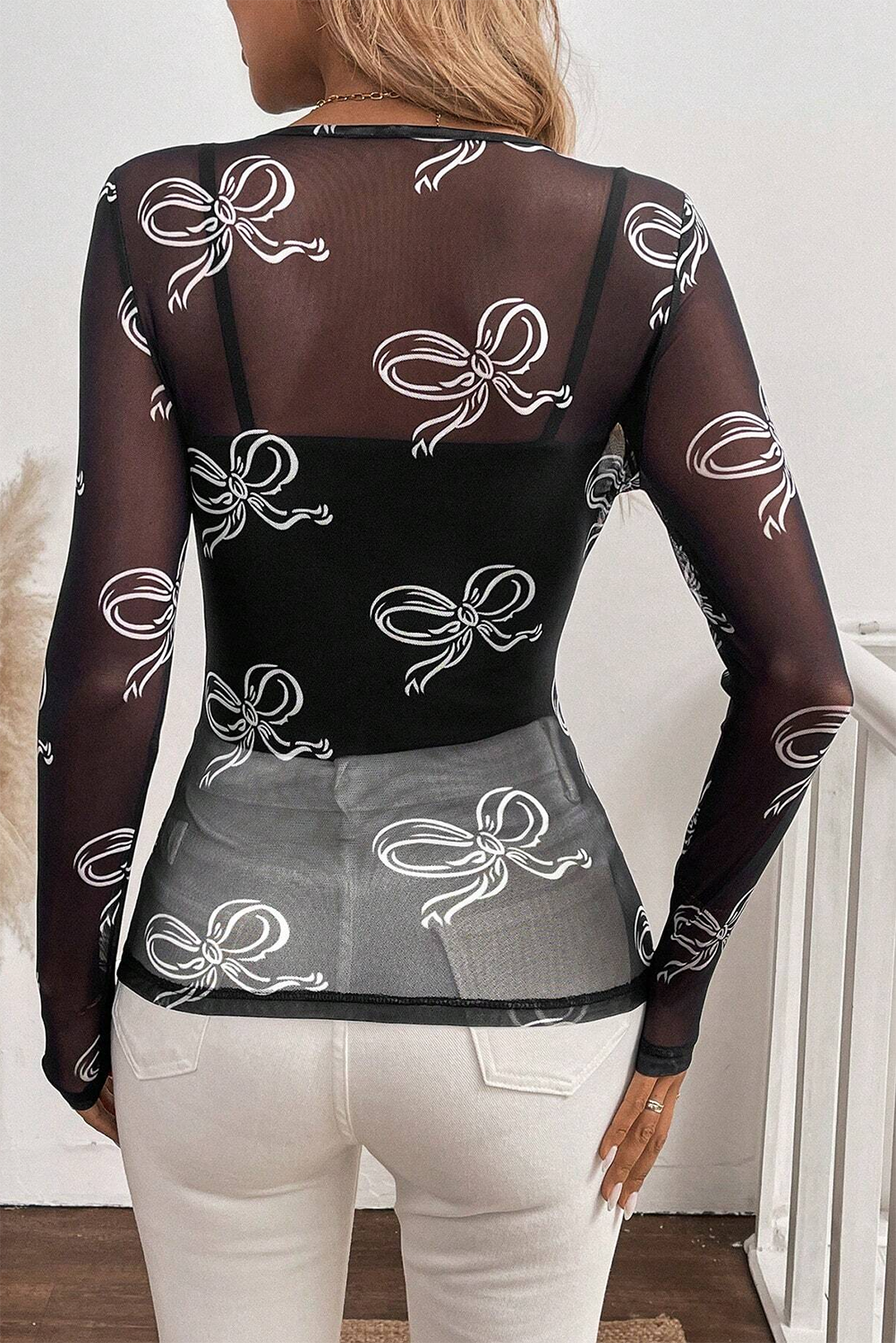 Black Round Neck Bow Print Long Sleeve Mesh Top