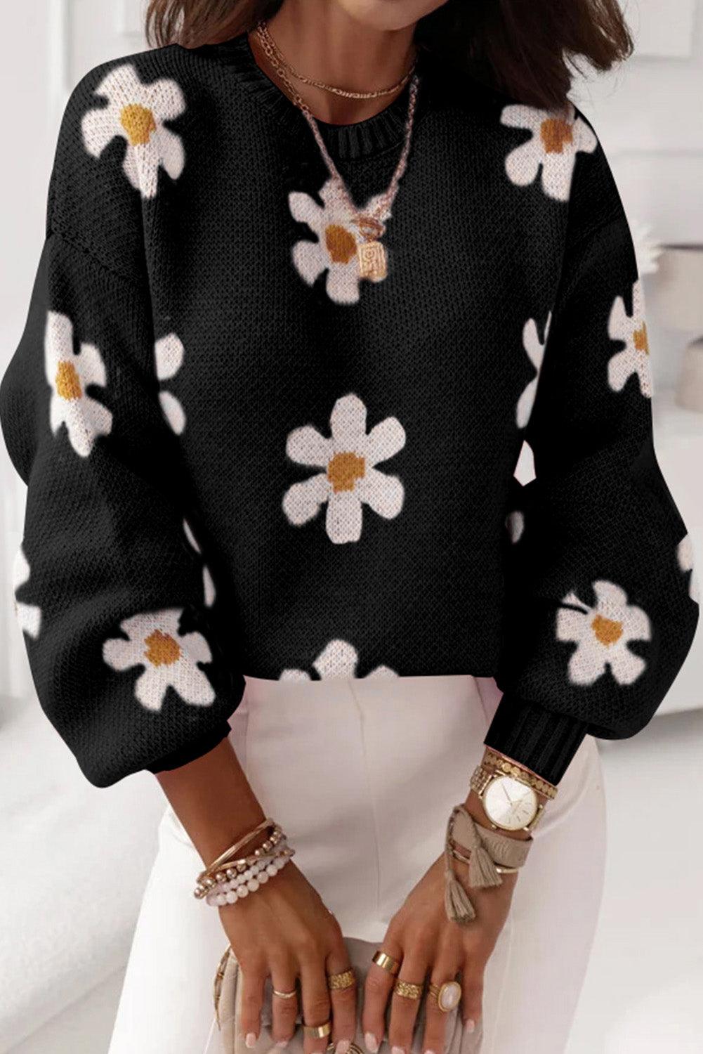 Pink Floral Pattern Drop Shoulder Sweater - L & M Kee, LLC