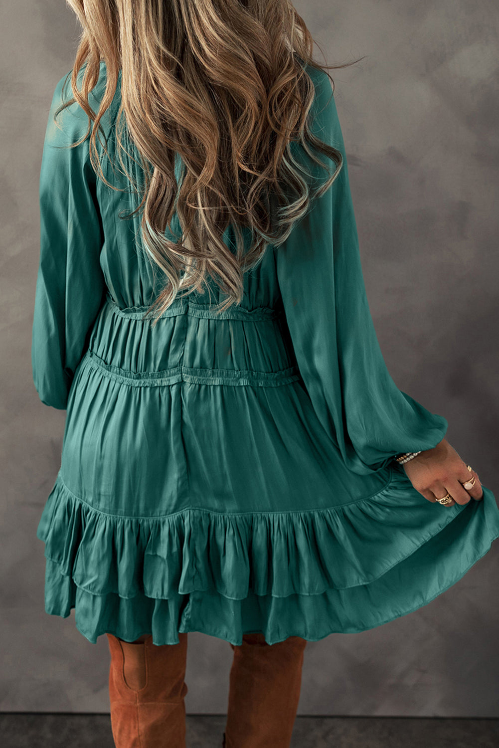 Black Tiered Ruffled Puff Sleeve Loose Fit Mini Dress