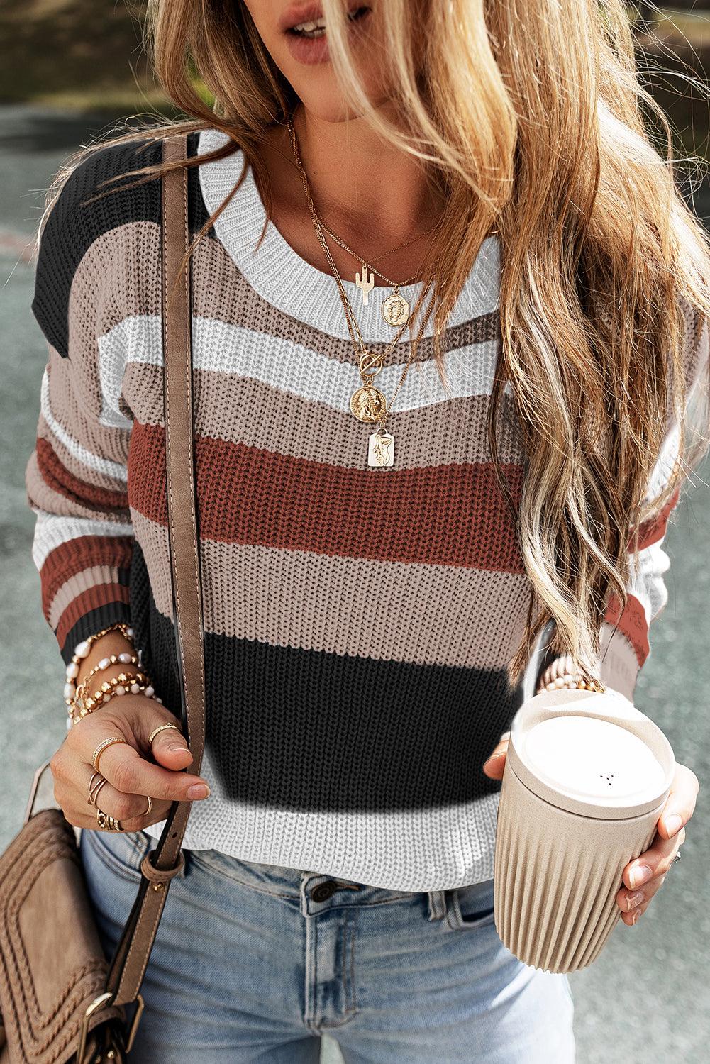 Camel Striped Knit Crew Neck T Shirt Sweater - L & M Kee, LLC