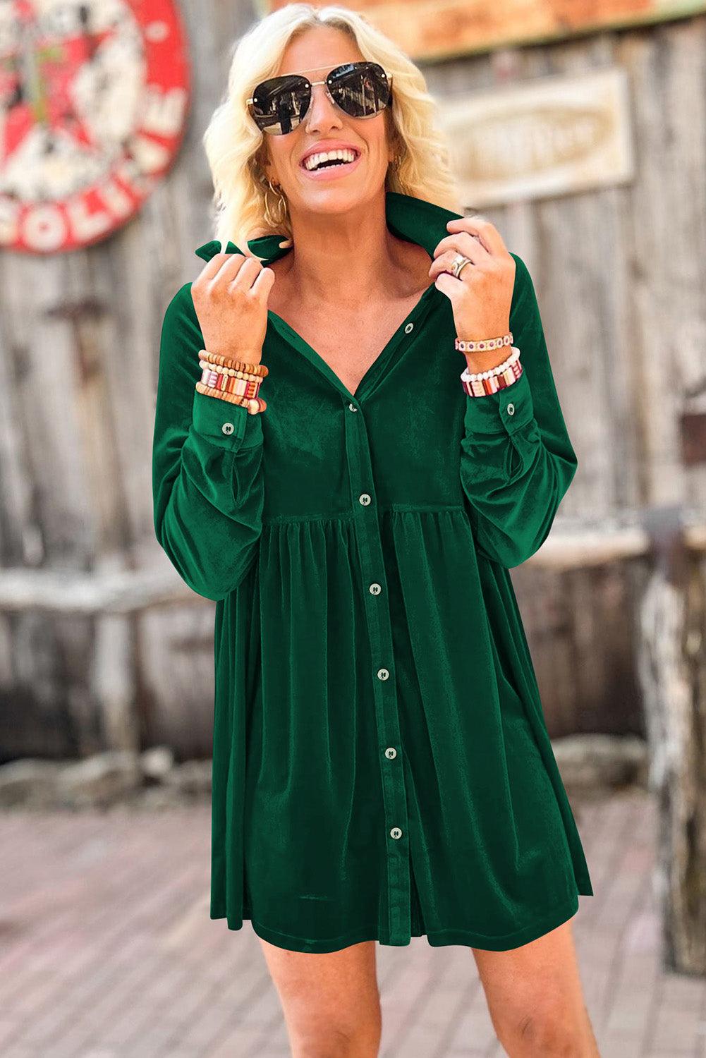 Rose Long Sleeve Ruffle Velvet Button Up Dress - L & M Kee, LLC