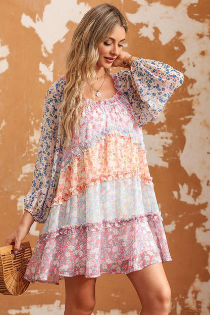 Sky Blue Floral Colorblock Tiered Puff Sleeve Dress - L & M Kee, LLC