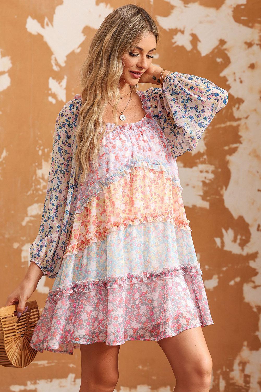 Floral Colorblock Tiered Puff Sleeve Dress - L & M Kee, LLC