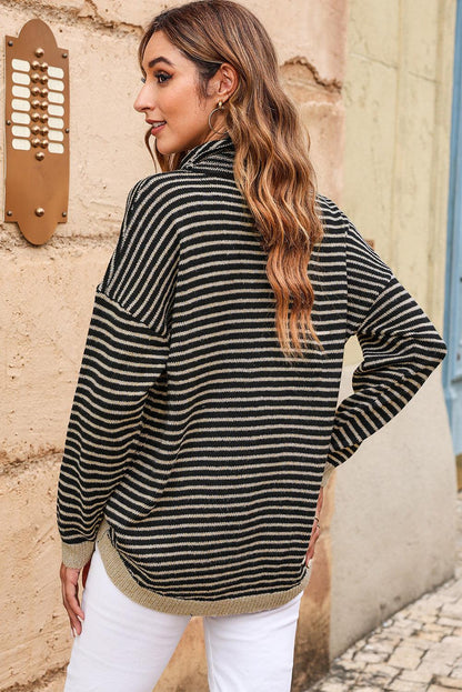 Black Striped Turtleneck Loose Sweater - L & M Kee, LLC