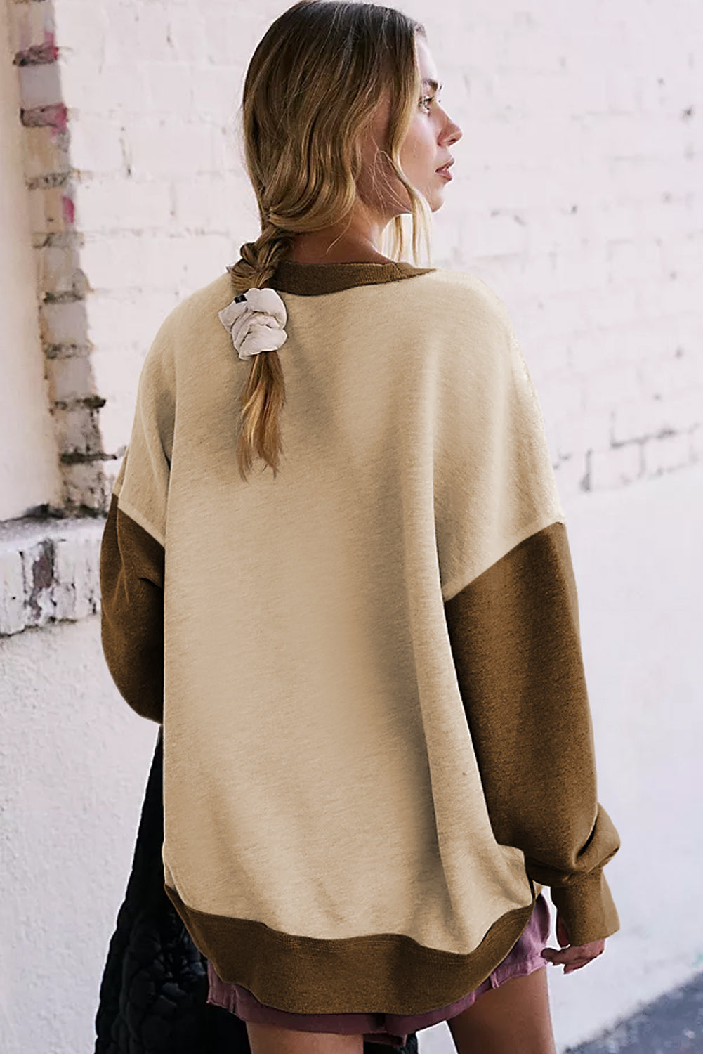 Parchment Color Block Thumbhole Sleeve Drop Shoulder Sweatshirt