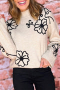 Beige Flower Stitching Mock Neck Sweater