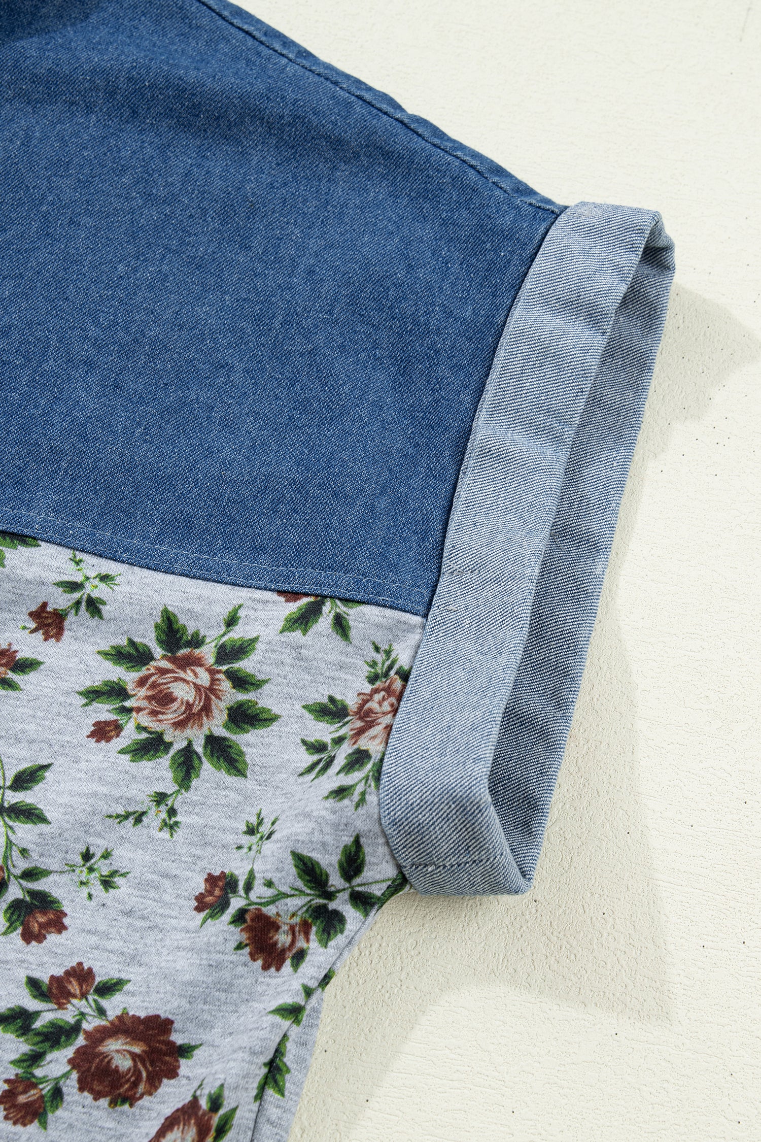 Gray Retro Floral Print Denim Patchwork Buttoned Polo Collar Top