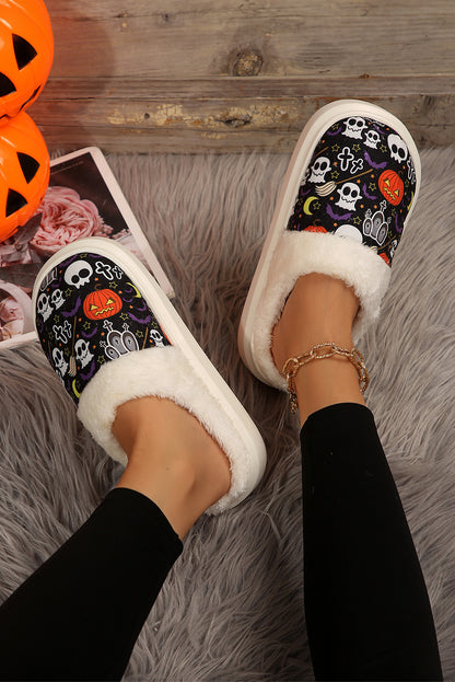 Black Halloween Pumpkin Ghost Print Plush Home Slippers