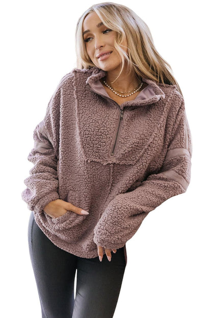 Dusty Pink Collared Neckline Half Zip Fluffy Pullover Sweatshirt - L & M Kee, LLC