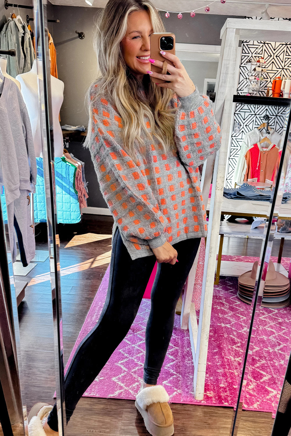 Pink Checkered Oversized Side Slit Sweater