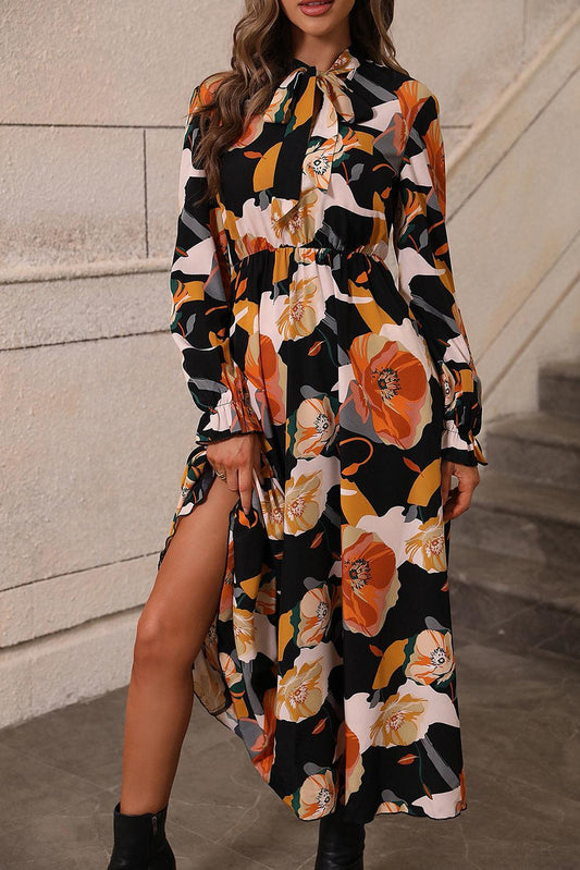 Orange Floral Print Tie Neck Long Sleeve Dress - L & M Kee, LLC