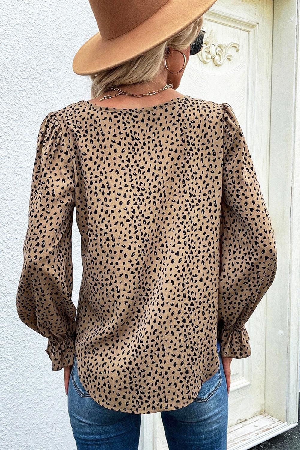 Leopard Print Ruffle Puff Sleeves Crew Neck Blouse - L & M Kee, LLC