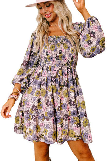 Floral Smocked Bust Square Neck Ruffled Dress - L & M Kee, LLC