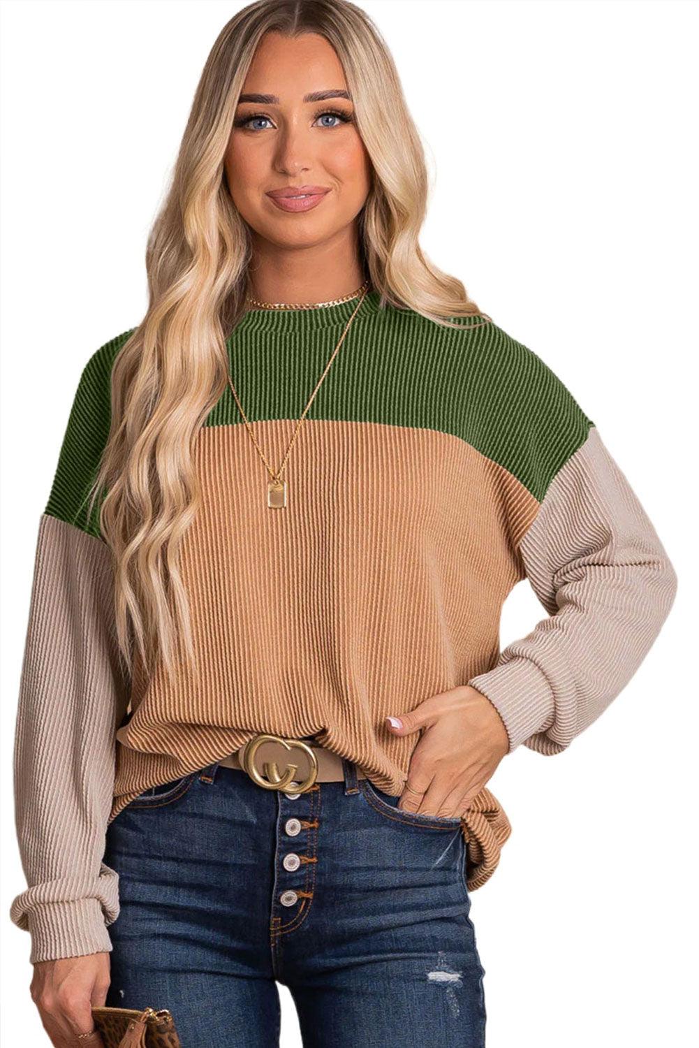 Green Color Block Long Sleeve Ribbed Loose Top - L & M Kee, LLC