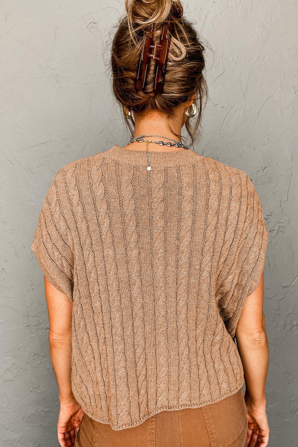 Light French Beige Crew Neck Cable Knit Short Sleeve Sweater - L & M Kee, LLC