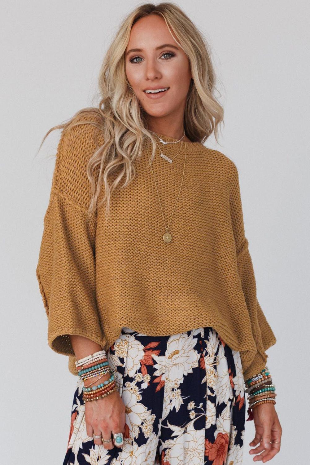 Beige Slouchy Textured Knit Loose Sweater - L & M Kee, LLC