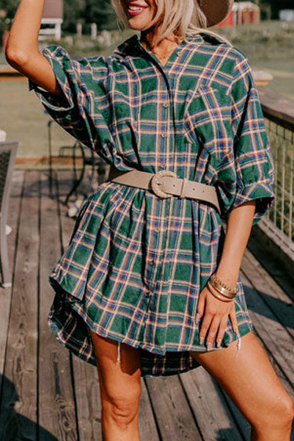 Green Oversized Plaid Half Sleeve Tunic Shirt - L & M Kee, LLC