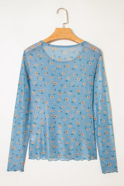 Sky Blue Vintage Floral Print Southern Style Mesh Long Sleeve Top