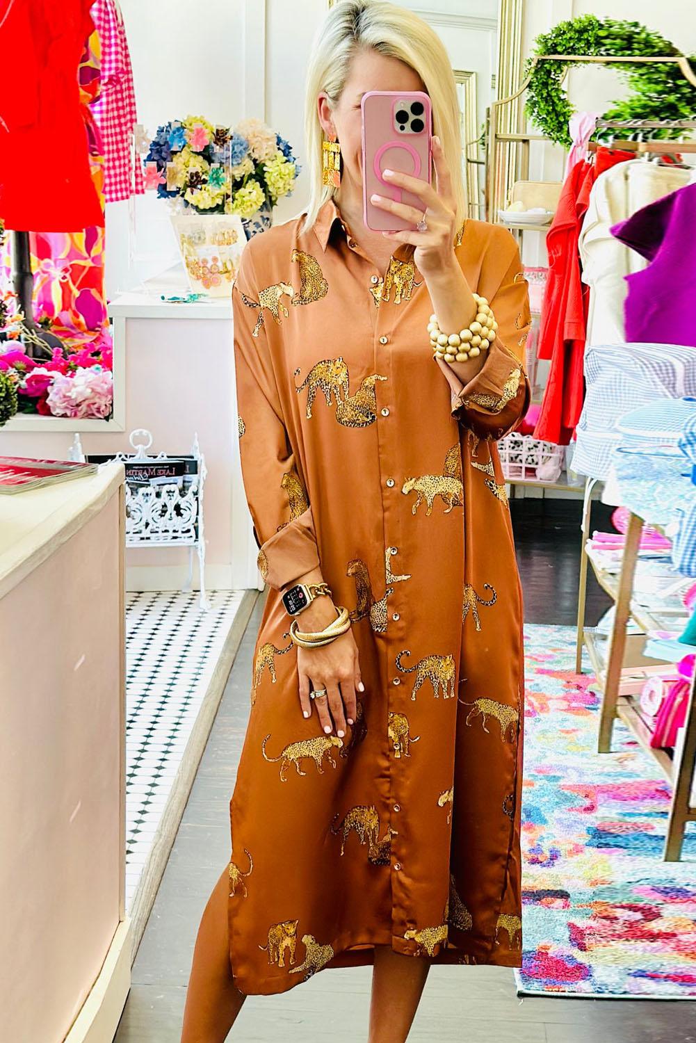 Khaki Yellow Cheetah Print Button-Up Split Shirt Dress - L & M Kee, LLC