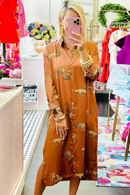 Khaki Yellow Cheetah Print Button-Up Split Shirt Dress - L & M Kee, LLC