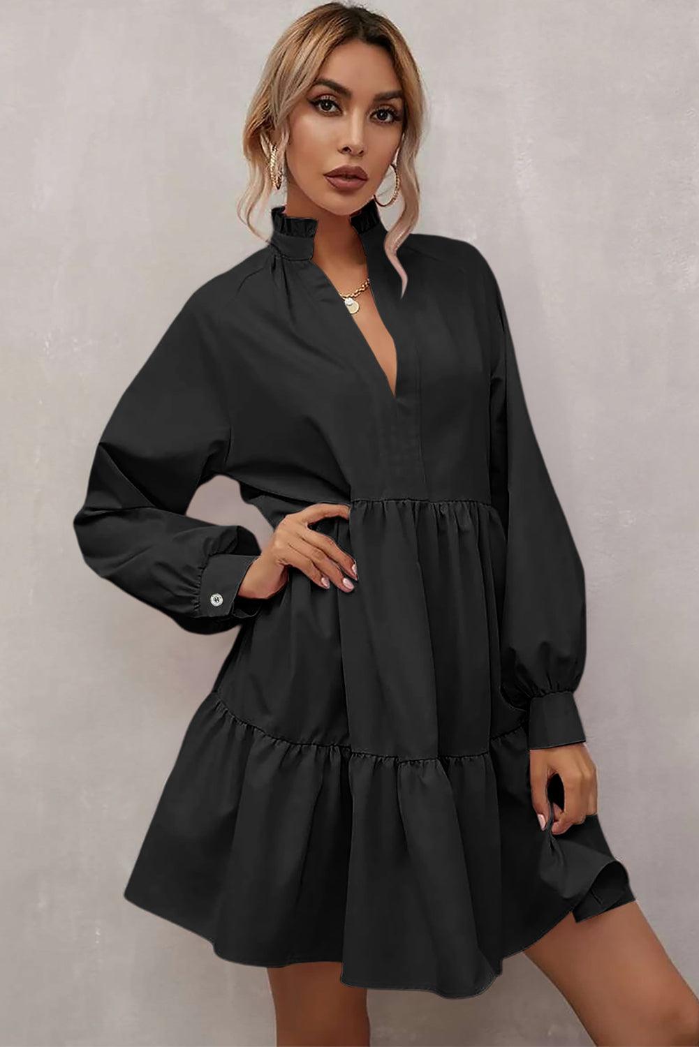 Black Frilled Stand Collar Long Sleeve Ruffle Dress - L & M Kee, LLC