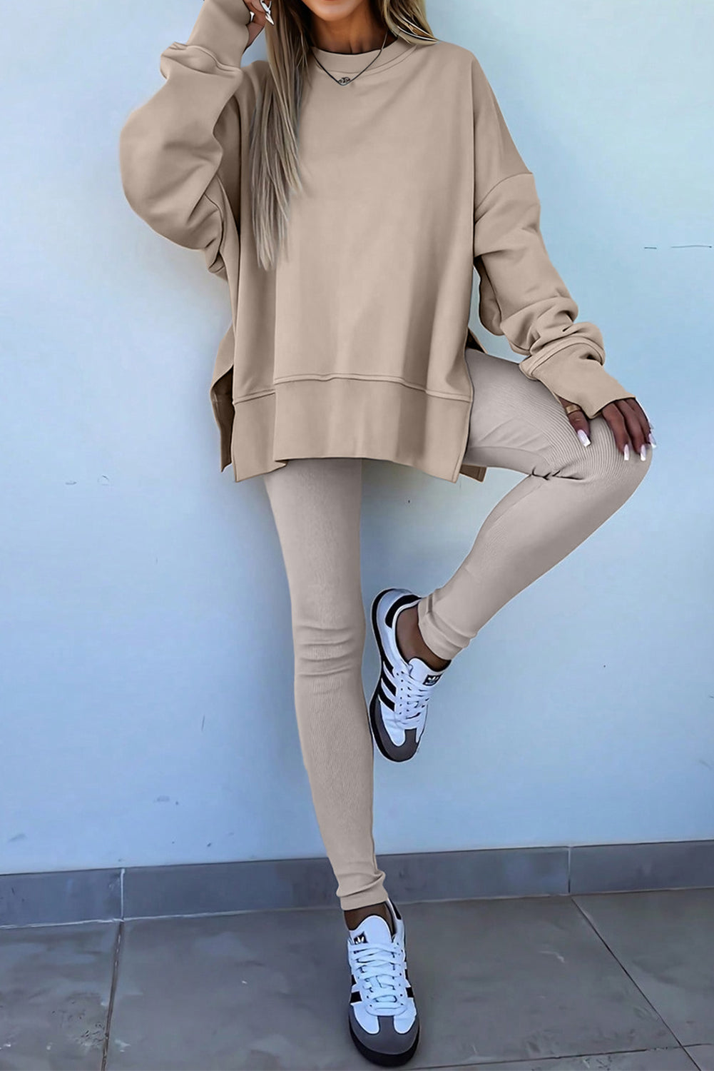 Jet Stream Solid Color Oversize Slit Sweatshirt Ribbed Leggings 2pcs Set