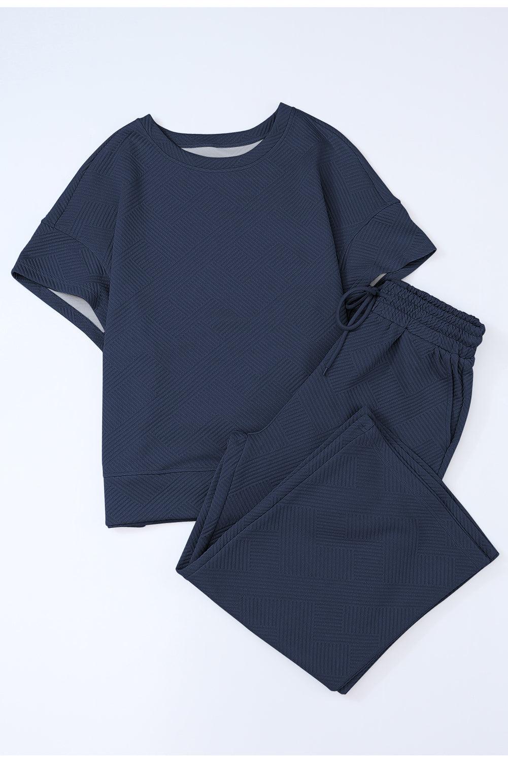 Navy Blue Textured Loose Fit T Shirt and Drawstring Pants Set - L & M Kee, LLC