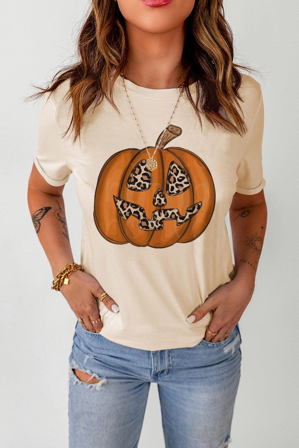Khaki Halloween Leopard Pumpkin Print T Shirt - L & M Kee, LLC