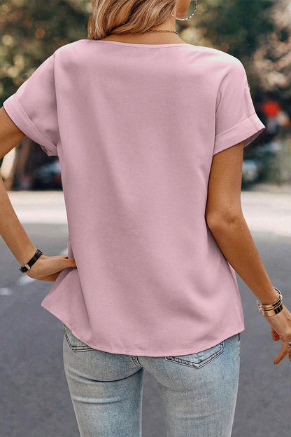 Light Pink Solid Pleated Patched Crew Neck T Shirt - L & M Kee, LLC